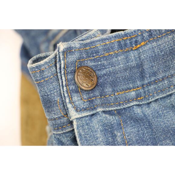 70s Vintage Hippie Bell Bottom Festival Boho Denim & Suede Leather Jeans 24 - Picture 4 of 6